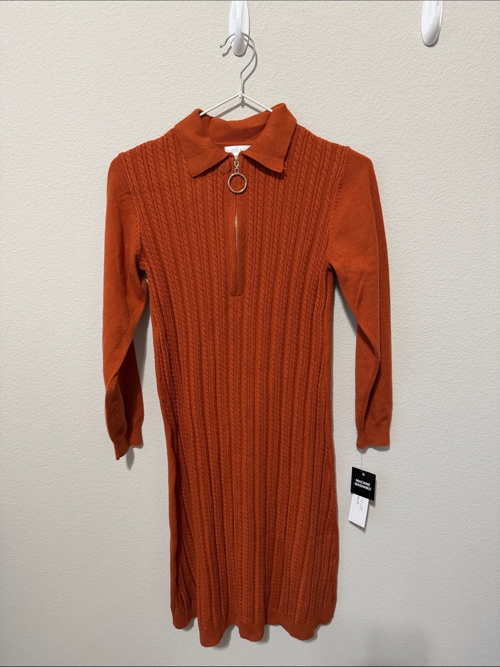 Women's Rust Zip-Collar Cable Knit Sweater Dress